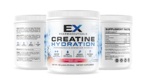 Creatine Hydration Strawberry Lemonade supplement jar by EX Pharmaceuticals showing front label, usage directions, and supplement facts panel
